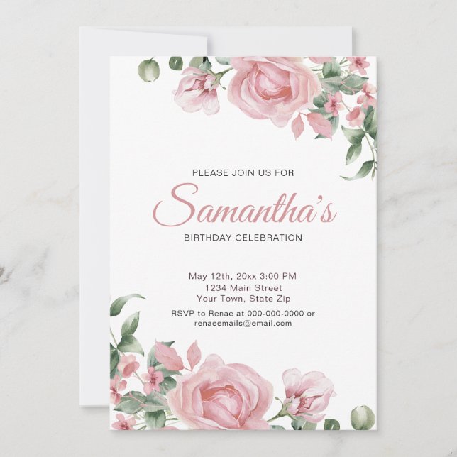 Invitación Watercolor PInk Rose Birthday Party  (Anverso)