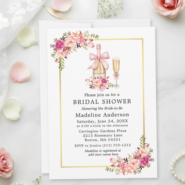 Invitación Watercolor Pink Roses Bow Bridal Shower (Customize to add more text to back of card.)