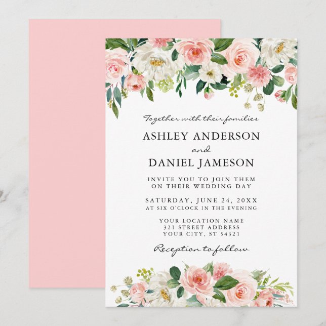 Invitación Watercolor Pink Rubor Floral Blanco Elegante Boda (Anverso / Reverso)