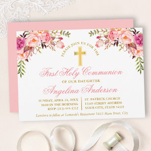 Invitación Watercolor Pink Rubor Floral First Community Gold