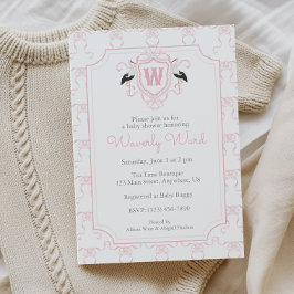 Invitación Watercolor Pink Stork Monogram Crest Baby Shower