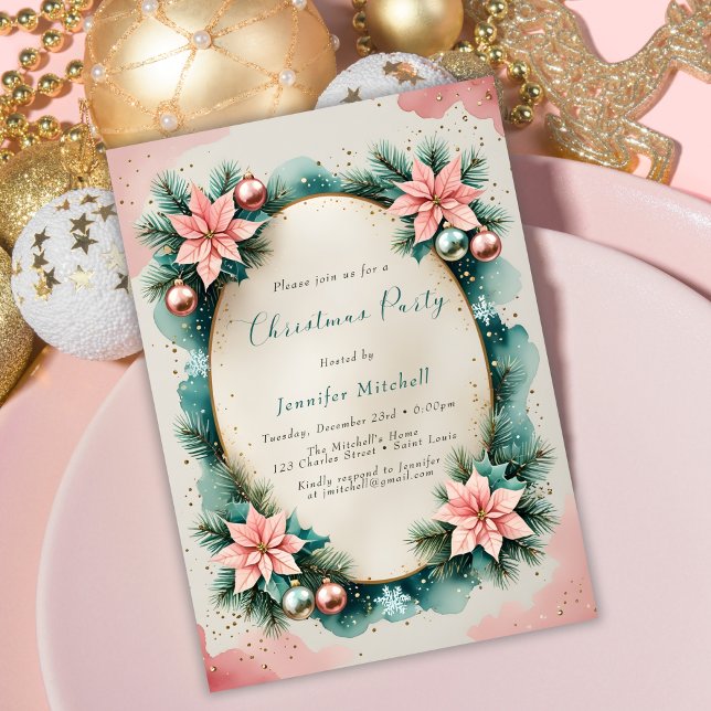 Invitación Watercolor Pink Teal Poinsettia Wreath Christmas (Christmas Party Invitation. Pink and Teal Poinsettia Wreath, Gold Accents, Elegant Watercolor)