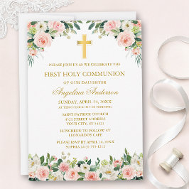 Invitación Watercolor Pink White Floral Communion Gold