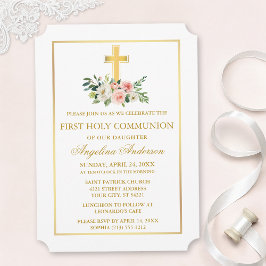 Invitación Watercolor Pink White Floral Gold Frame Communion