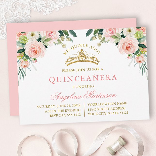 Invitación Watercolor Pink White Floral Gold Quinceanera (Customize to change text color, text style or color of back of card.)