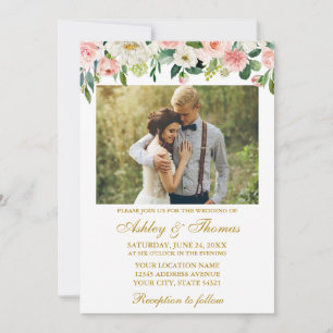 Invitación Watercolor Pink White Floral Photo Boda Gold