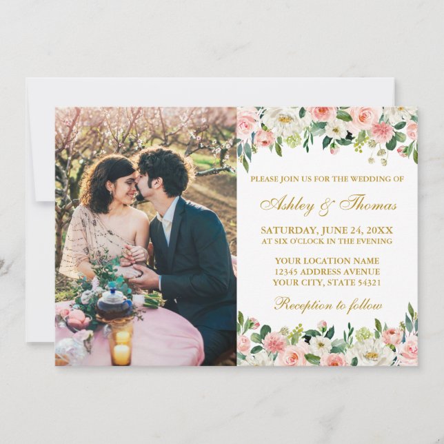 Invitación Watercolor Pink White Floral Photo Boda Gold (Anverso)