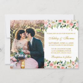 Invitación Watercolor Pink White Floral Photo Boda Gold