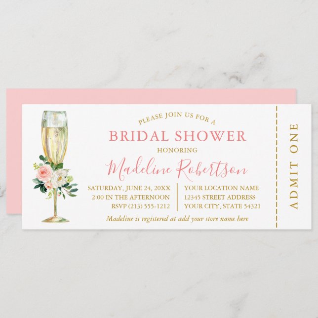 Invitación Watercolor Pink White Floral Ticket Shower (Anverso / Reverso)