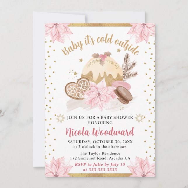 Invitación Watercolor Pink Winter Cakes & Cookies Baby Shower (Anverso)