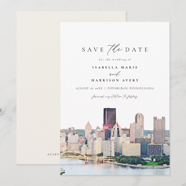 Invitación Watercolor Pittsburgh Pennsylvania Guardar la fech (Anverso / Reverso)