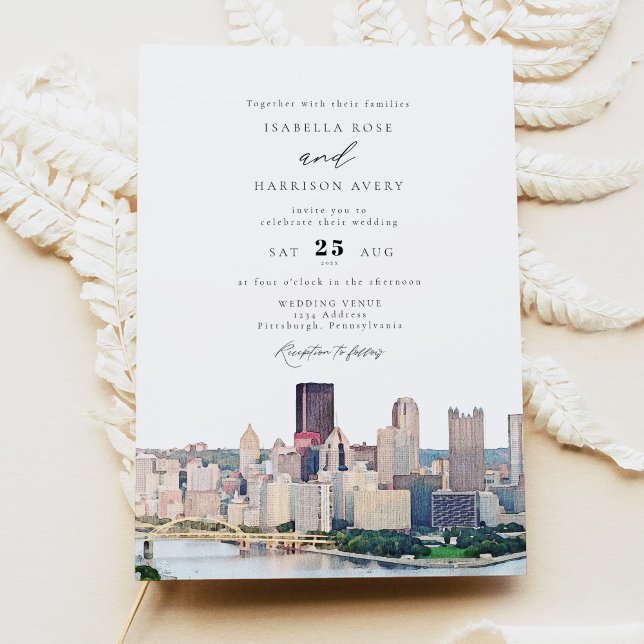 Invitación Watercolor Pittsburgh Pennsylvania Skyline Wedding (Subido por el creador)