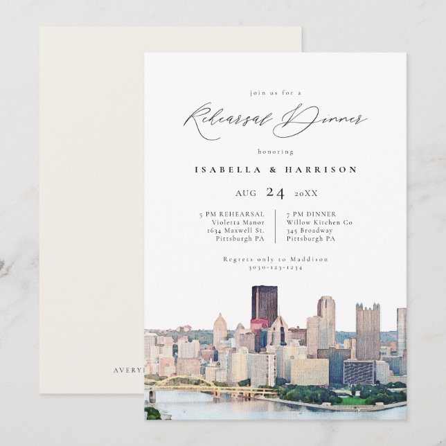 Invitación Watercolor Pittsburgh Skyline Boda ensayo (Anverso / Reverso)