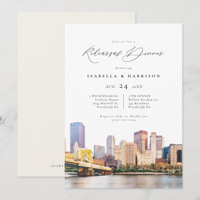 Invitación Watercolor Pittsburgh Skyline Boda Ensayo En (Anverso / Reverso)