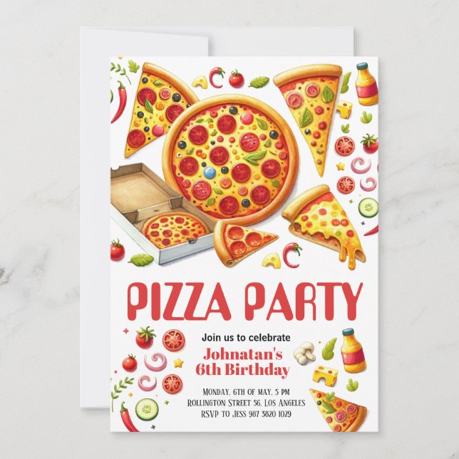Invitación Watercolor Pizza Fiesta Niños Fiesta de cumpleaños (Anverso)