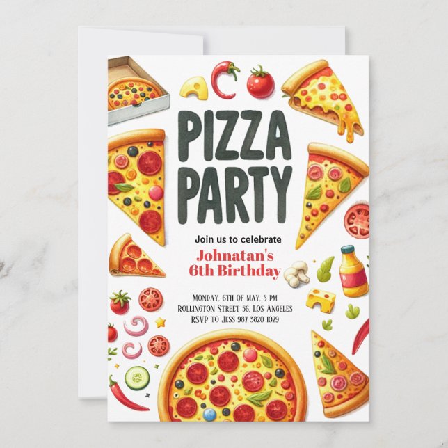 Invitación Watercolor Pizza Fiesta Partido de Cumpleaños (Anverso)