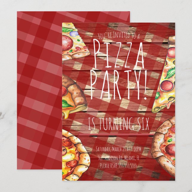 Invitación Watercolor Pizza Plaid Birthday Party Restaurant (Anverso / Reverso)