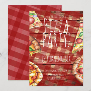 Invitación Watercolor Pizza Plaid Birthday Party Restaurant