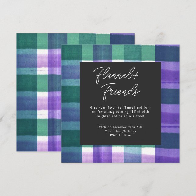 Invitación Watercolor Plaid Flannel y Navidades Fiesta (Anverso / Reverso)