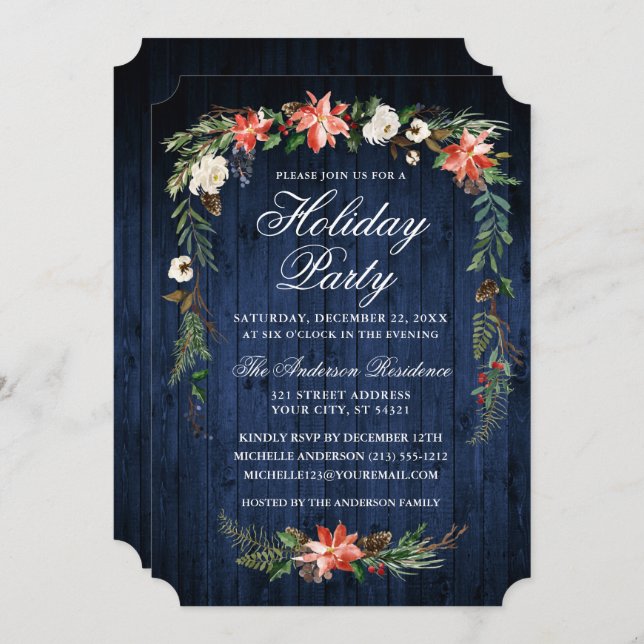 Invitación Watercolor Poinsettia Blue Wood Holiday Party (Anverso / Reverso)