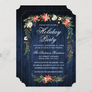 Invitación Watercolor Poinsettia Blue Wood Holiday Party