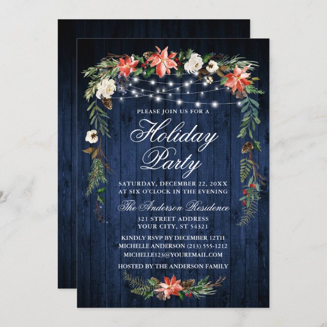 Invitación Watercolor Poinsettia Blue Wood Luces Holiday (Anverso / Reverso)