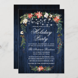 Invitación Watercolor Poinsettia Blue Wood Luces Holiday