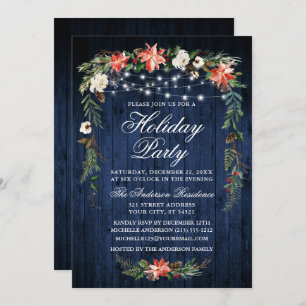 Invitación Watercolor Poinsettia Blue Wood Luces Holiday