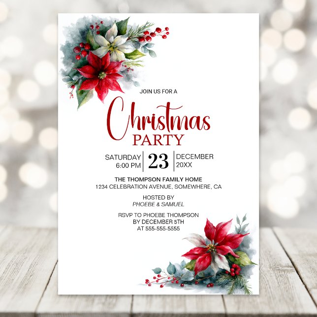 Invitación Watercolor Poinsettia Christmas Party (Subido por el creador)