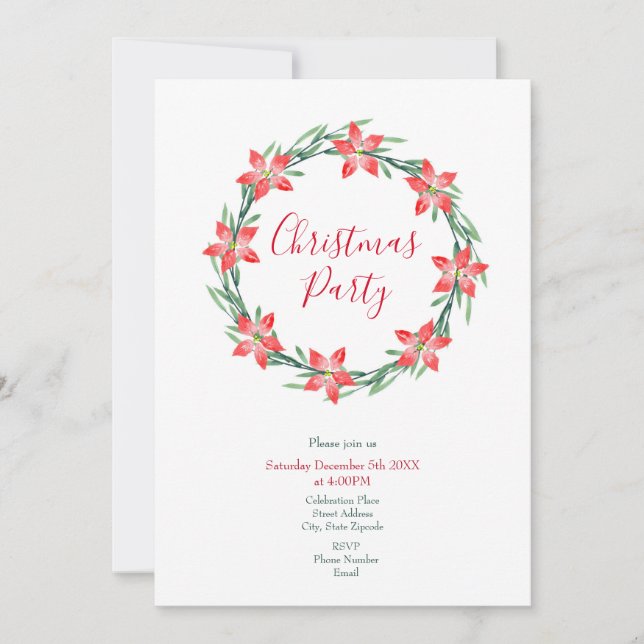 Invitación Watercolor Poinsettia deja Wreath (Anverso)