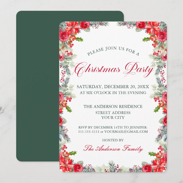 Invitación Watercolor Poinsettia Floral Christmas Party (Anverso / Reverso)