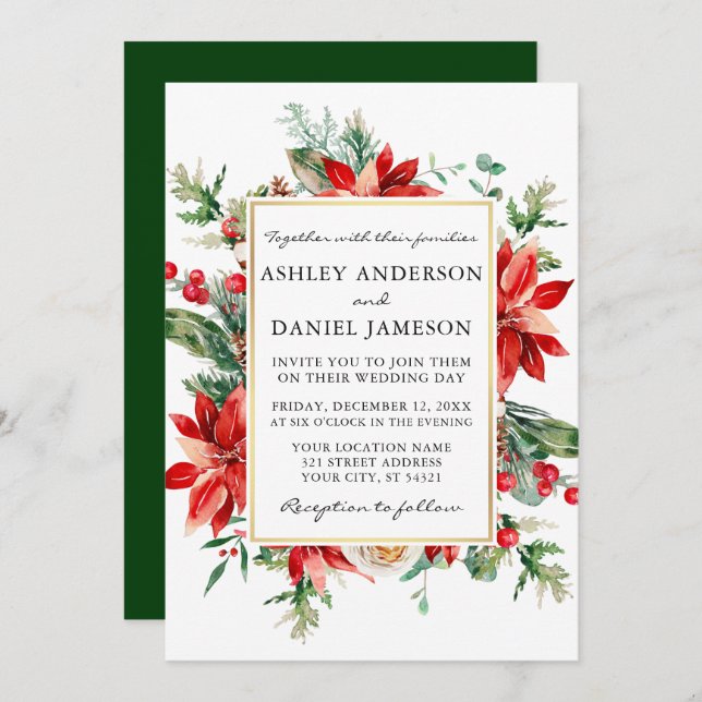 Invitación Watercolor Poinsettia Floral Green Boda (Anverso / Reverso)