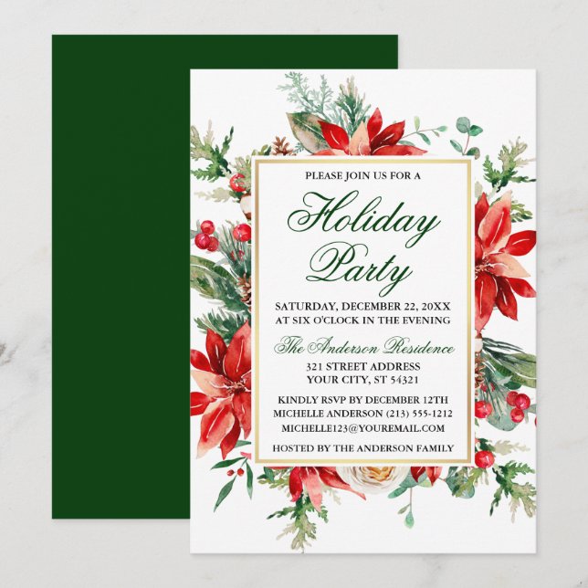 Invitación Watercolor Poinsettia Floral Green Holiday Party (Anverso / Reverso)