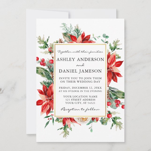 Invitación Watercolor Poinsettia Floral Greeneration Boda (Anverso)