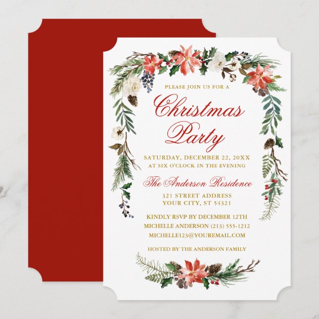 Invitación Watercolor Poinsettia Gold Navidades Rojos Fiesta (Anverso / Reverso)