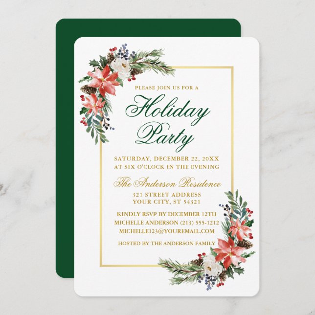 Invitación Watercolor Poinsettia Holiday Party Gold Green (Anverso / Reverso)