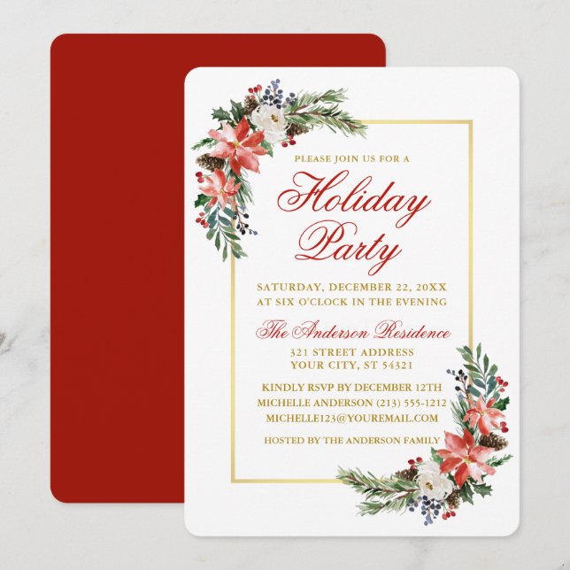 Invitación Watercolor Poinsettia Holiday Party Gold Red (Anverso / Reverso)
