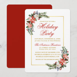 Invitación Watercolor Poinsettia Holiday Party Gold Red