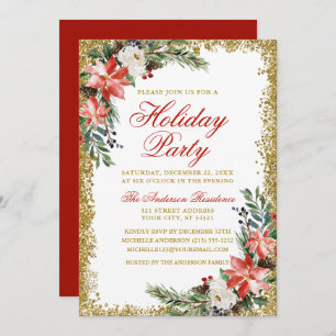 Invitación Watercolor Poinsettia Holiday Party Purpurina Red