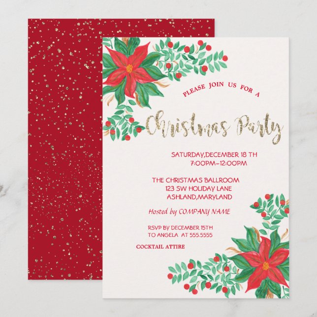 Invitación Watercolor Poinsettia, Navidades de Confetti Compa (Anverso / Reverso)
