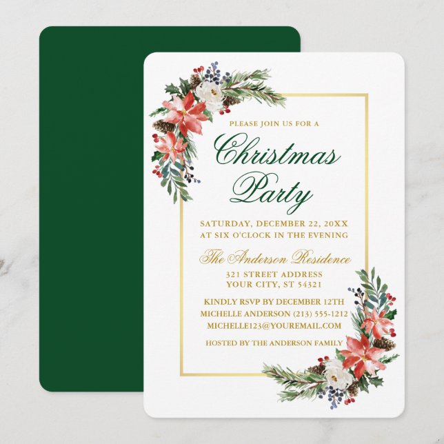 Invitación Watercolor Poinsettia Navidades Fiesta Gold Green (Anverso / Reverso)