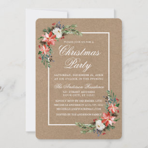 Invitación Watercolor Poinsettia Navidades Fiesta Kraft