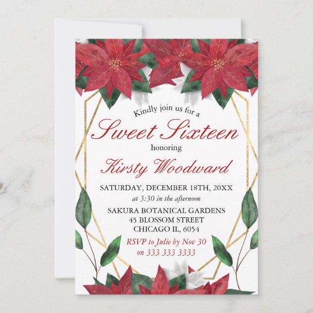 Invitación Watercolor Poinsettia Navidades Florales Dulce 16 (Anverso)