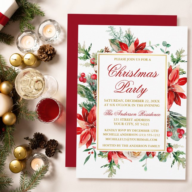 Invitación Watercolor Poinsettia Navidades Florales Fiesta Go (Customize to change text size, text style or color of back of card.)