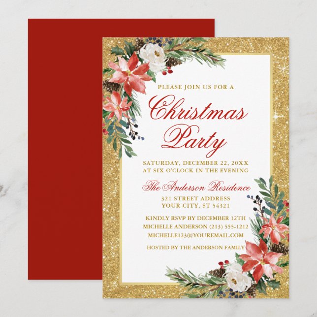 Invitación Watercolor Poinsettia Purpurina Navidades Fiesta r (Anverso / Reverso)