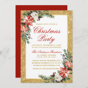 Invitación Watercolor Poinsettia Purpurina Navidades Fiesta r