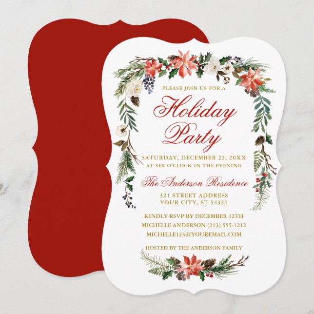 Invitación Watercolor Poinsettia Red Gold Fiesta (Anverso / Reverso)