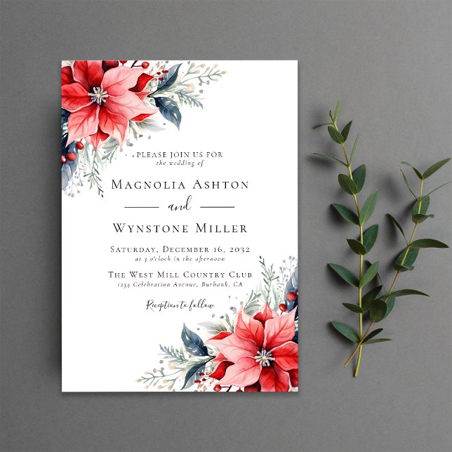 Invitación Watercolor Poinsettia Winter Wedding (Subido por el creador)