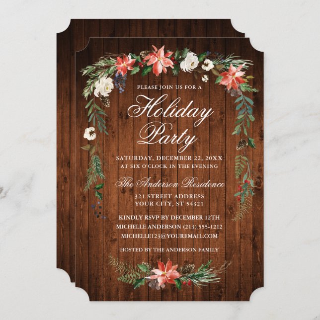 Invitación Watercolor Poinsettia Wood Holiday Party (Anverso / Reverso)