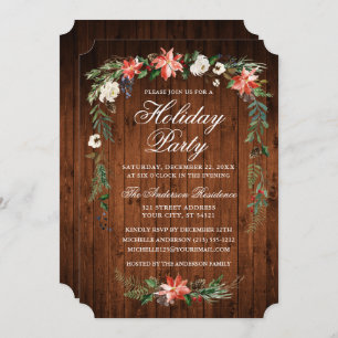 Invitación Watercolor Poinsettia Wood Holiday Party